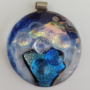 Handcrafted Dichroic Art Glass Pendant | Blue Tones Shimmering Foil & Bubbles